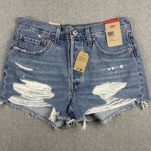 Levi's 501 Shorts Womens 31 Blue Denim Distressed Cutoff Raw Hem Button Fly NWT